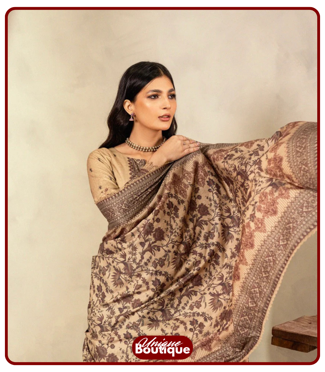 Brown Printed Linen Unstitched 3-Piece Suit