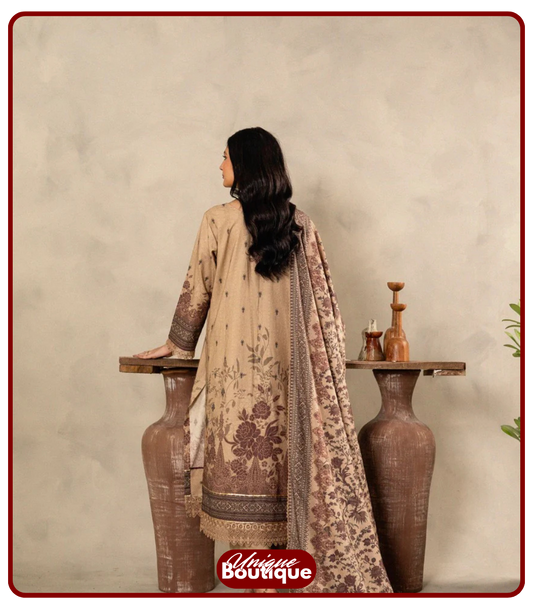 Brown Printed Linen Unstitched 3-Piece Suit