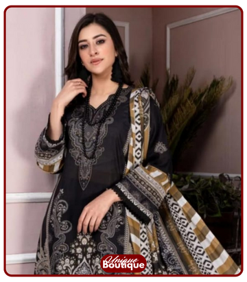 Baroque Linen – Black Printed 3-Piece Suit | Winter Collection