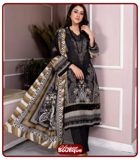 Baroque Linen – Black Printed 3-Piece Suit | Winter Collection